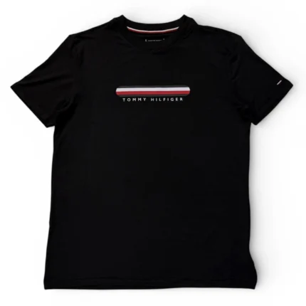 Tommy Hilfiger Men’s Black T Shirt Small Signature Stripe Logo Tee