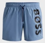 Boss Men's Vertical-Logo-Print Swim Shorts In Quick-Dry Poplin In Blue