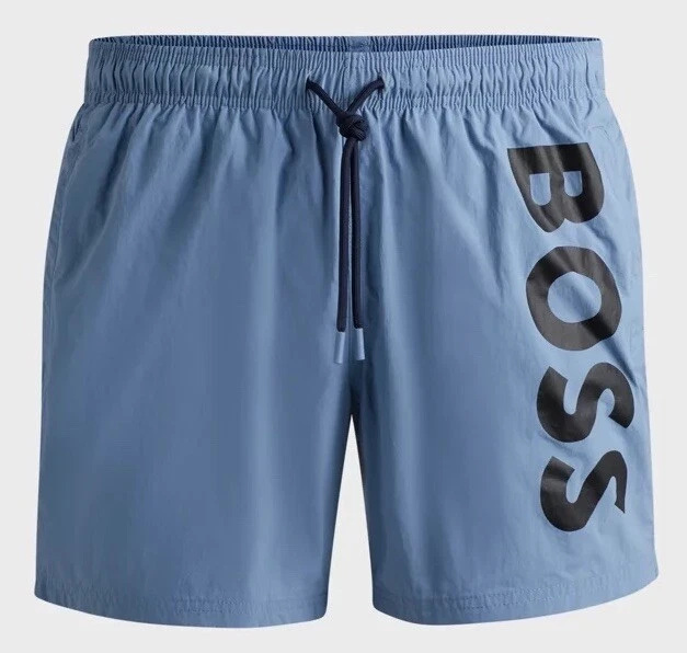 s-l1600 - 2026-07-13T183235.952 Boss Men's Vertical-Logo-Print Swim Shorts In Quick-Dry Poplin In Blue - Image 1