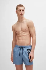 Boss Men's Vertical-Logo-Print Swim Shorts In Quick-Dry Poplin In Blue - Image 2
