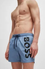 Boss Men's Vertical-Logo-Print Swim Shorts In Quick-Dry Poplin In Blue - Image 3